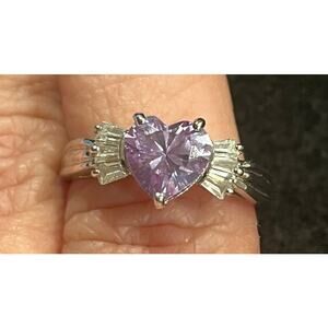 925 Heart Amethyst and CZ baguette Ring, marked 925/FAS, Sz 8